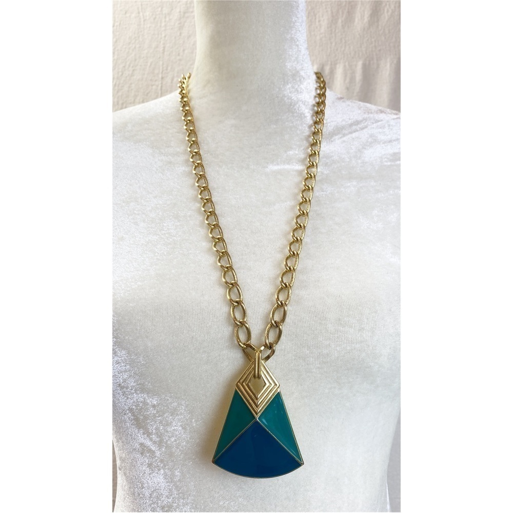 Vintage Trifari textured gold chain necklace with teal enamel modernist pendant